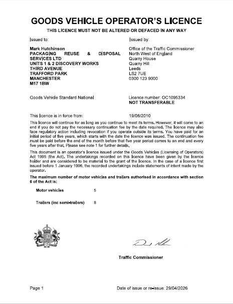 Goods Vehicle Operators Licence